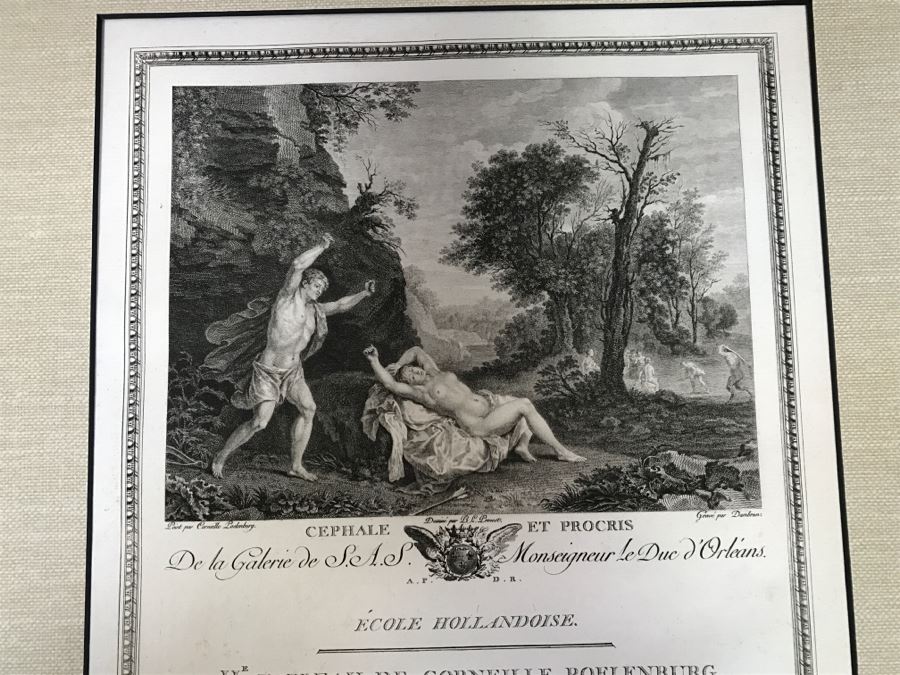 Pair Of Antique 1786 Prints Engravings: (1) Engraver Dambrun, Artist Corneille Poelenburg, Title Cephale Et Procris; (2) Engraver N. Varin, Artist David Teniers, Title La Gazete [Photo 5]