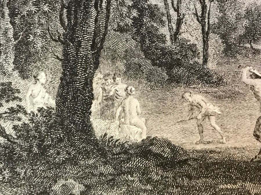 Pair Of Antique 1786 Prints Engravings: (1) Engraver Dambrun, Artist Corneille Poelenburg, Title Cephale Et Procris; (2) Engraver N. Varin, Artist David Teniers, Title La Gazete [Photo 13]