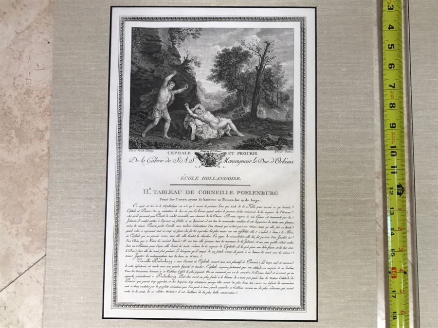 Pair Of Antique 1786 Prints Engravings: (1) Engraver Dambrun, Artist Corneille Poelenburg, Title Cephale Et Procris; (2) Engraver N. Varin, Artist David Teniers, Title La Gazete [Photo 3]