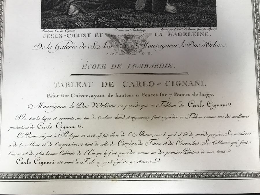 Pair Of Antique 1786 Prints Engravings: (1) Engraver Charles Le Vasseur, Artist Corlo Cignani, Title Jesus-Christ Et La Madeleine; (2) Engraver H. Guttenberg, Artist Raphael Sanzio D'Urbin, Title Sainte Famille [Photo 14]