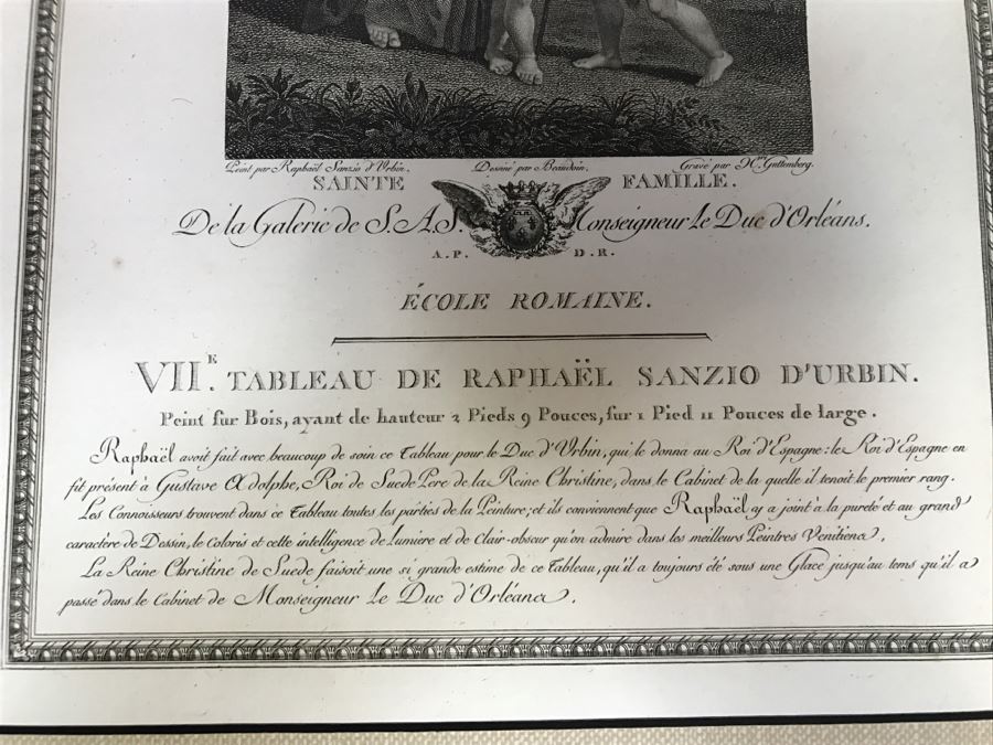 Pair Of Antique 1786 Prints Engravings: (1) Engraver Charles Le Vasseur, Artist Corlo Cignani, Title Jesus-Christ Et La Madeleine; (2) Engraver H. Guttenberg, Artist Raphael Sanzio D'Urbin, Title Sainte Famille [Photo 28]