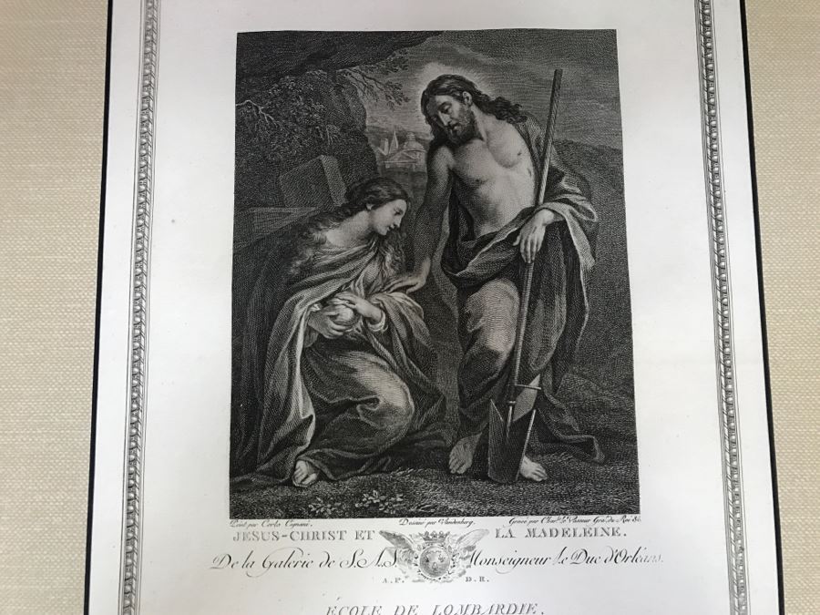 Pair Of Antique 1786 Prints Engravings: (1) Engraver Charles Le Vasseur, Artist Corlo Cignani, Title Jesus-Christ Et La Madeleine; (2) Engraver H. Guttenberg, Artist Raphael Sanzio D'Urbin, Title Sainte Famille [Photo 3]