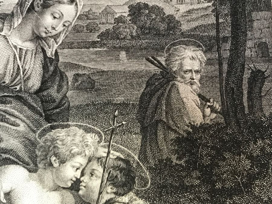 Pair Of Antique 1786 Prints Engravings: (1) Engraver Charles Le Vasseur, Artist Corlo Cignani, Title Jesus-Christ Et La Madeleine; (2) Engraver H. Guttenberg, Artist Raphael Sanzio D'Urbin, Title Sainte Famille [Photo 19]