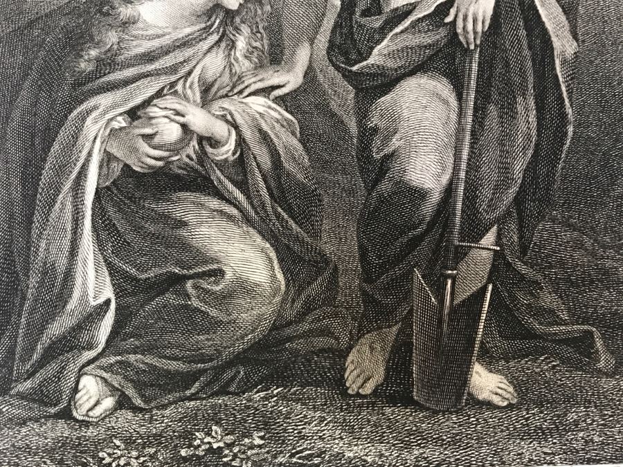 Pair Of Antique 1786 Prints Engravings: (1) Engraver Charles Le Vasseur, Artist Corlo Cignani, Title Jesus-Christ Et La Madeleine; (2) Engraver H. Guttenberg, Artist Raphael Sanzio D'Urbin, Title Sainte Famille [Photo 9]