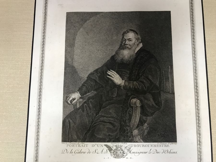Pair Of Antique 1786 Prints Engravings: (1) Engraver H. Guttenberg, Artist Rembrant Van Ryn, Title Portrait D'Un Bourguemestre; (2) Engraver Henri Guttenberg, Artist Abraham Bloemaert, Title St Jean Prechant Dans Le Desert [Photo 3]