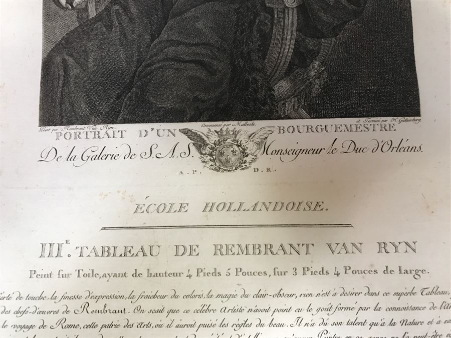 Pair Of Antique 1786 Prints Engravings: (1) Engraver H. Guttenberg, Artist Rembrant Van Ryn, Title Portrait D'Un Bourguemestre; (2) Engraver Henri Guttenberg, Artist Abraham Bloemaert, Title St Jean Prechant Dans Le Desert [Photo 10]