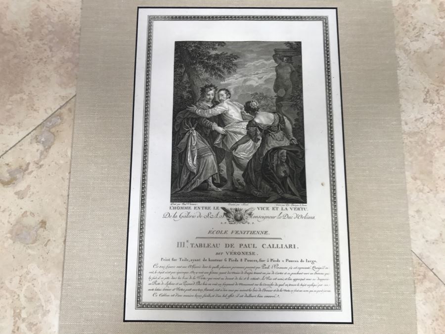 Pair Of Antique 1786 Prints Engravings: (1) Engraver Duclos, J. Aliamet, Du Roi, Artist Titien Vecelli, Title Diane Et Calisto; (2) Engraver De Launay Le Jeune, Artist Paul Veronese, Title L'Homme Entre Le Vice Et La Vertu [Photo 21]