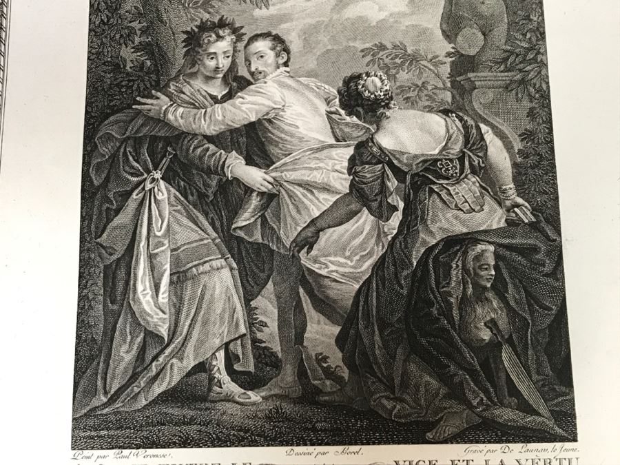 Pair Of Antique 1786 Prints Engravings: (1) Engraver Duclos, J. Aliamet, Du Roi, Artist Titien Vecelli, Title Diane Et Calisto; (2) Engraver De Launay Le Jeune, Artist Paul Veronese, Title L'Homme Entre Le Vice Et La Vertu [Photo 26]