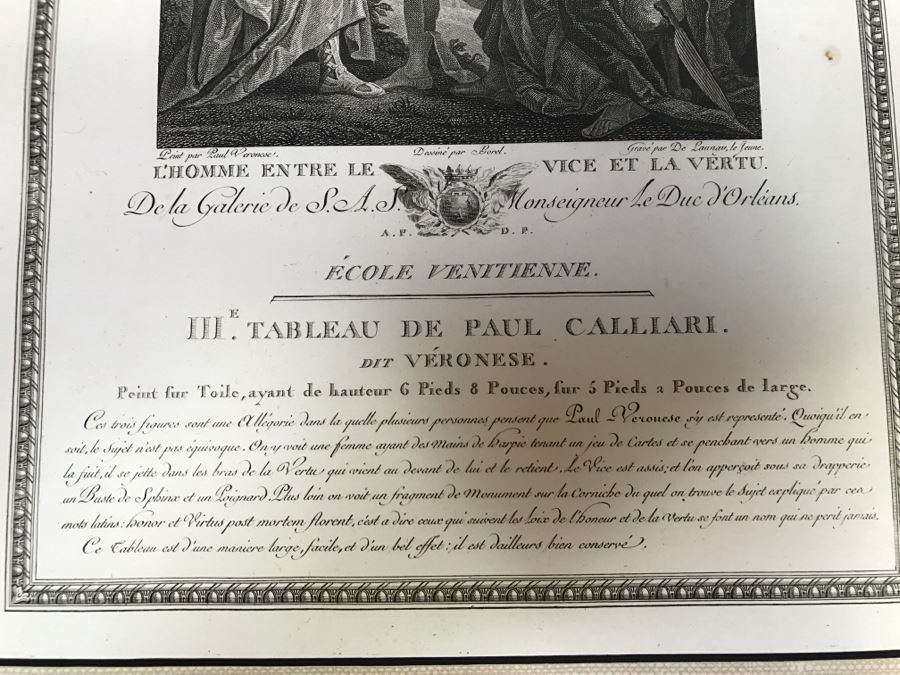 Pair Of Antique 1786 Prints Engravings: (1) Engraver Duclos, J. Aliamet, Du Roi, Artist Titien Vecelli, Title Diane Et Calisto; (2) Engraver De Launay Le Jeune, Artist Paul Veronese, Title L'Homme Entre Le Vice Et La Vertu [Photo 39]