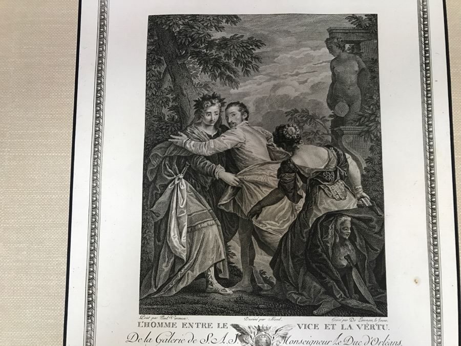 Pair Of Antique 1786 Prints Engravings: (1) Engraver Duclos, J. Aliamet, Du Roi, Artist Titien Vecelli, Title Diane Et Calisto; (2) Engraver De Launay Le Jeune, Artist Paul Veronese, Title L'Homme Entre Le Vice Et La Vertu [Photo 22]