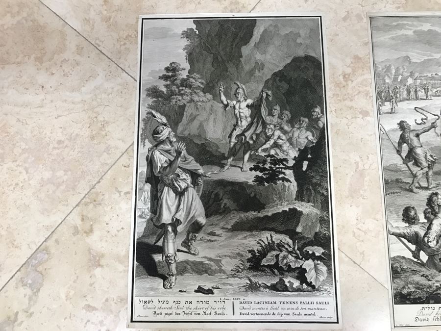 Pair Of Antique Prints Engravings: (1) Engraver Buisen, Artist Picart, Title David Sheweth Saul The Skirt Of His Robe; (2) Engraver Sluiter, Artist G. Hoet, Title David Killeth Goliath [Photo 2]