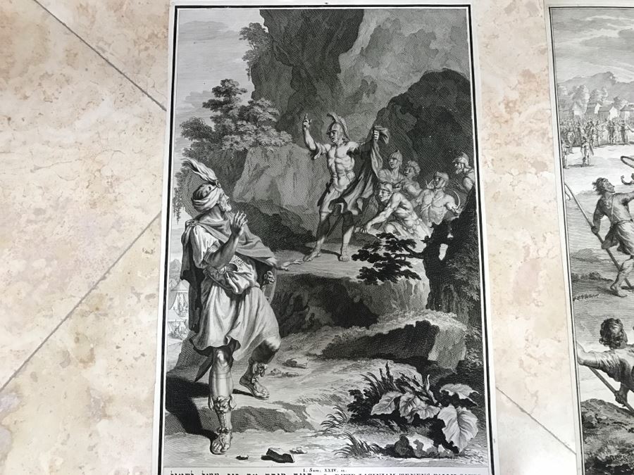 Pair Of Antique Prints Engravings: (1) Engraver Buisen, Artist Picart, Title David Sheweth Saul The Skirt Of His Robe; (2) Engraver Sluiter, Artist G. Hoet, Title David Killeth Goliath [Photo 3]