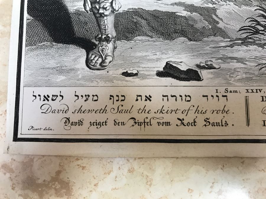 Pair Of Antique Prints Engravings: (1) Engraver Buisen, Artist Picart, Title David Sheweth Saul The Skirt Of His Robe; (2) Engraver Sluiter, Artist G. Hoet, Title David Killeth Goliath [Photo 15]
