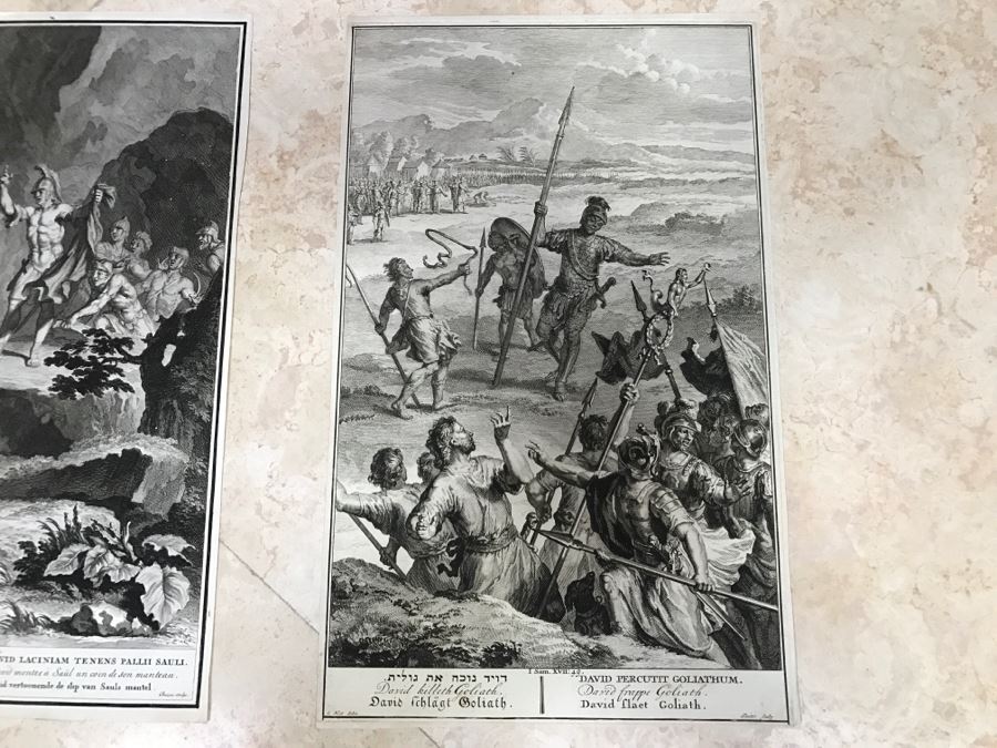 Pair Of Antique Prints Engravings: (1) Engraver Buisen, Artist Picart, Title David Sheweth Saul The Skirt Of His Robe; (2) Engraver Sluiter, Artist G. Hoet, Title David Killeth Goliath [Photo 18]