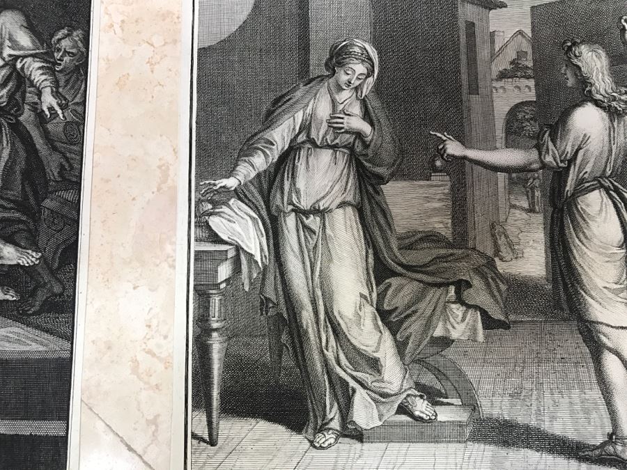 Pair Of Antique Prints Engravings: (1) Engraver Blois, Artist Picart, Title Christ Buried; (2) Engraver Surugue, Artist Picart, Title The Annunciation Of The Virgin Mary [Photo 21]