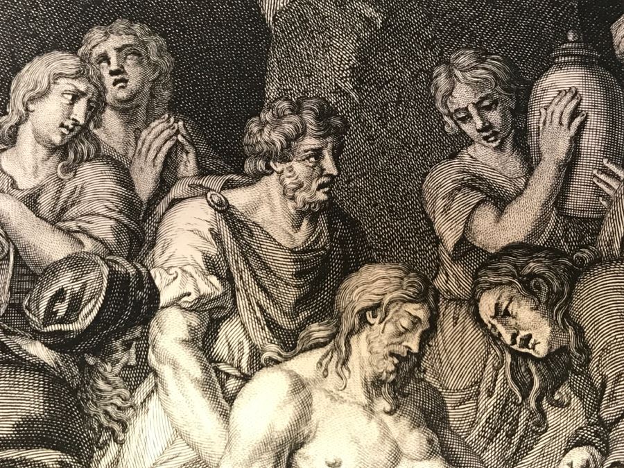 Pair Of Antique Prints Engravings: (1) Engraver Blois, Artist Picart, Title Christ Buried; (2) Engraver Surugue, Artist Picart, Title The Annunciation Of The Virgin Mary [Photo 13]