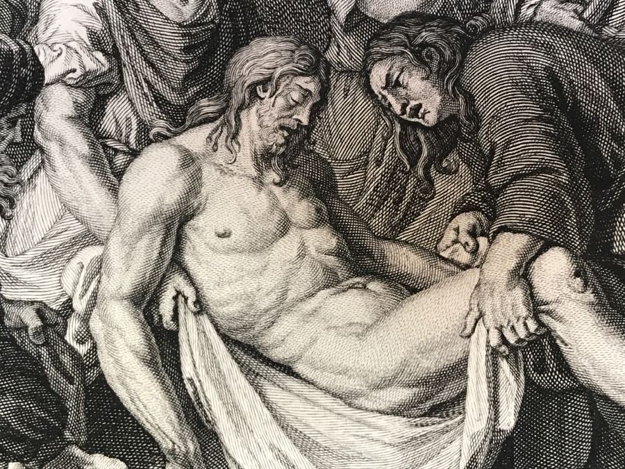 Pair Of Antique Prints Engravings: (1) Engraver Blois, Artist Picart, Title Christ Buried; (2) Engraver Surugue, Artist Picart, Title The Annunciation Of The Virgin Mary [Photo 5]