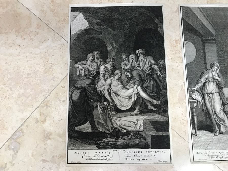 Pair Of Antique Prints Engravings: (1) Engraver Blois, Artist Picart, Title Christ Buried; (2) Engraver Surugue, Artist Picart, Title The Annunciation Of The Virgin Mary [Photo 2]
