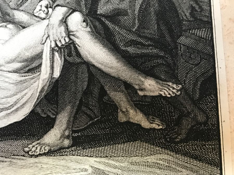 Pair Of Antique Prints Engravings: (1) Engraver Blois, Artist Picart, Title Christ Buried; (2) Engraver Surugue, Artist Picart, Title The Annunciation Of The Virgin Mary [Photo 9]