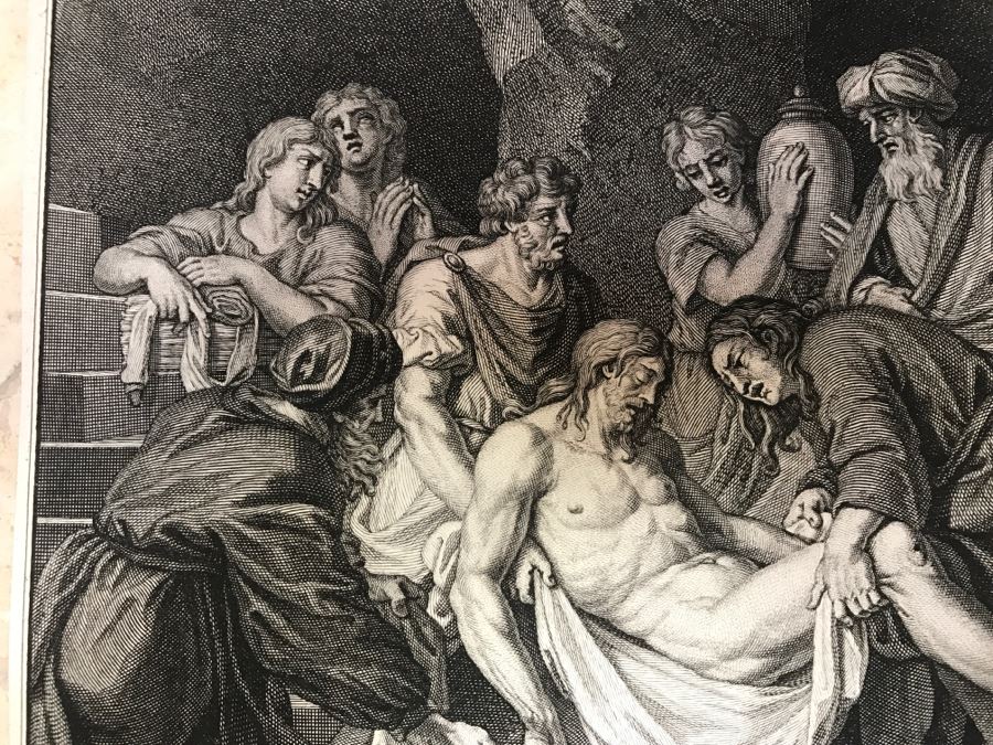 Pair Of Antique Prints Engravings: (1) Engraver Blois, Artist Picart, Title Christ Buried; (2) Engraver Surugue, Artist Picart, Title The Annunciation Of The Virgin Mary [Photo 4]