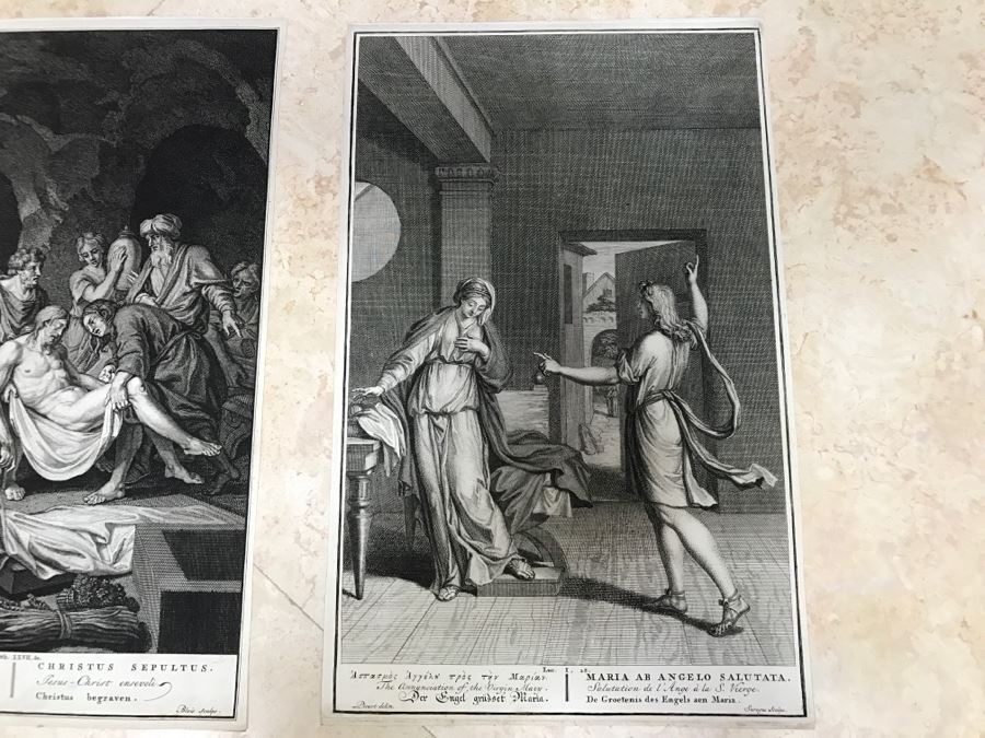 Pair Of Antique Prints Engravings: (1) Engraver Blois, Artist Picart, Title Christ Buried; (2) Engraver Surugue, Artist Picart, Title The Annunciation Of The Virgin Mary [Photo 19]