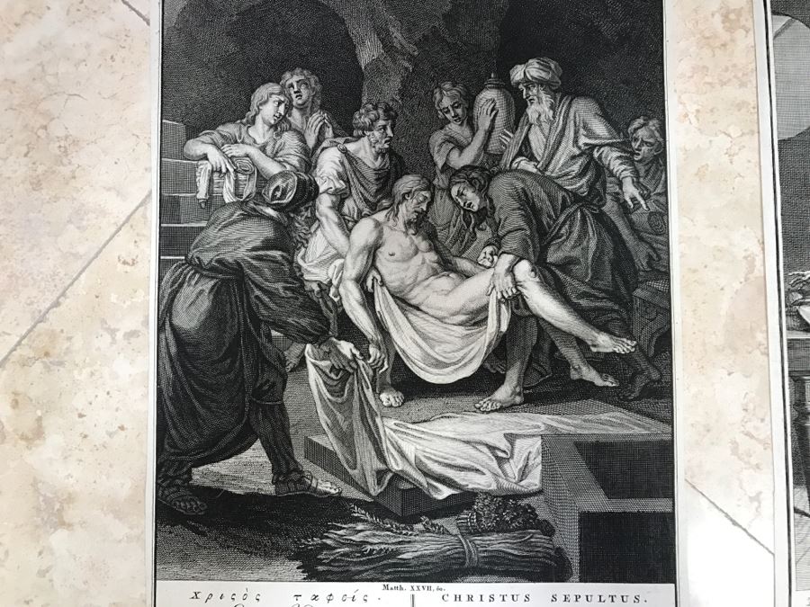 Pair Of Antique Prints Engravings: (1) Engraver Blois, Artist Picart, Title Christ Buried; (2) Engraver Surugue, Artist Picart, Title The Annunciation Of The Virgin Mary [Photo 3]