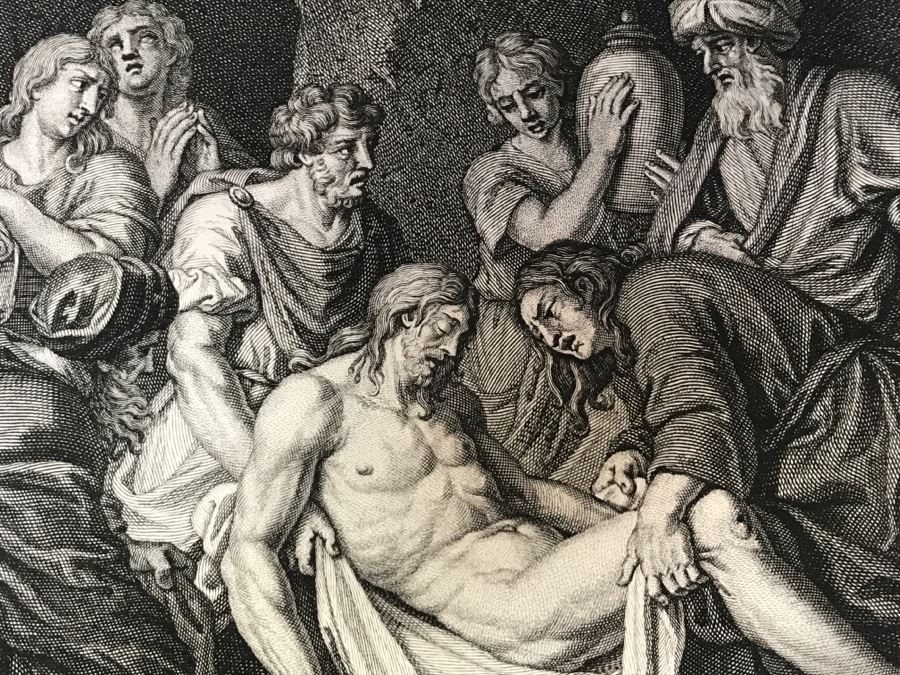 Pair Of Antique Prints Engravings: (1) Engraver Blois, Artist Picart, Title Christ Buried; (2) Engraver Surugue, Artist Picart, Title The Annunciation Of The Virgin Mary [Photo 7]