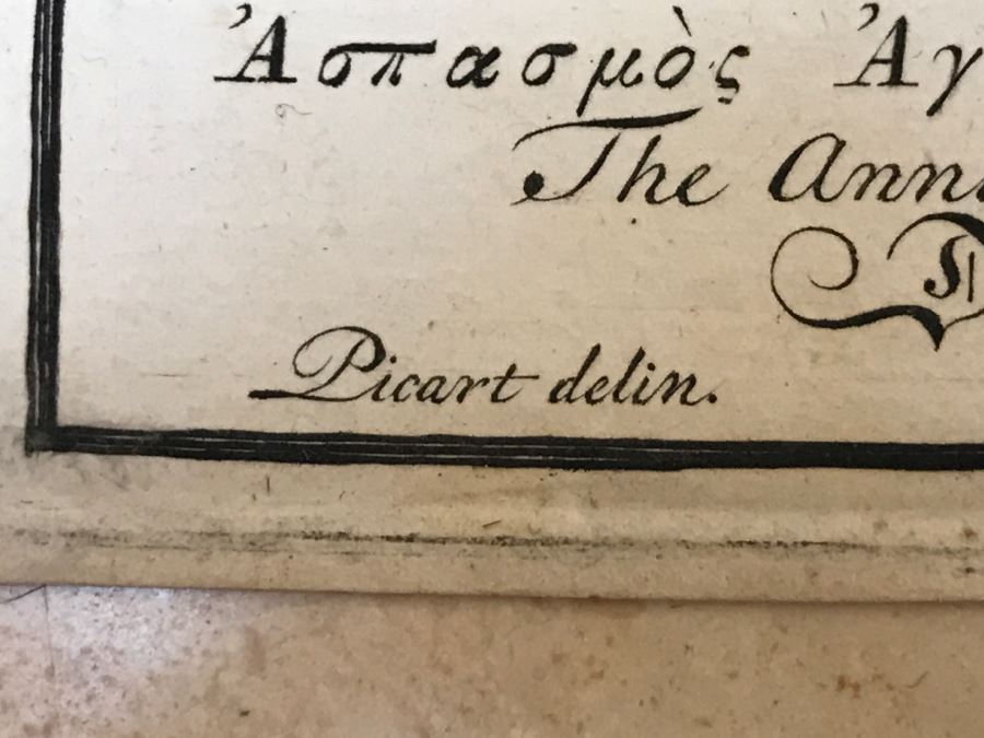 Pair Of Antique Prints Engravings: (1) Engraver Blois, Artist Picart, Title Christ Buried; (2) Engraver Surugue, Artist Picart, Title The Annunciation Of The Virgin Mary [Photo 32]