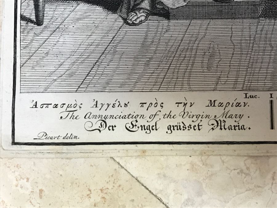Pair Of Antique Prints Engravings: (1) Engraver Blois, Artist Picart, Title Christ Buried; (2) Engraver Surugue, Artist Picart, Title The Annunciation Of The Virgin Mary [Photo 30]