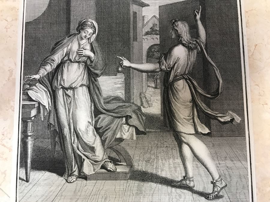 Pair Of Antique Prints Engravings: (1) Engraver Blois, Artist Picart, Title Christ Buried; (2) Engraver Surugue, Artist Picart, Title The Annunciation Of The Virgin Mary [Photo 22]