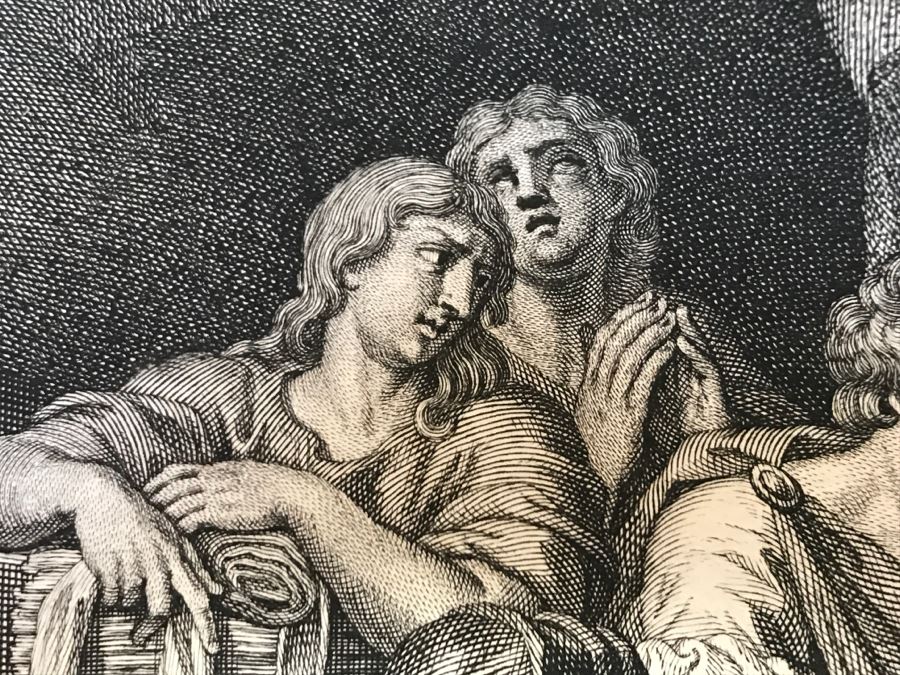 Pair Of Antique Prints Engravings: (1) Engraver Blois, Artist Picart, Title Christ Buried; (2) Engraver Surugue, Artist Picart, Title The Annunciation Of The Virgin Mary [Photo 12]