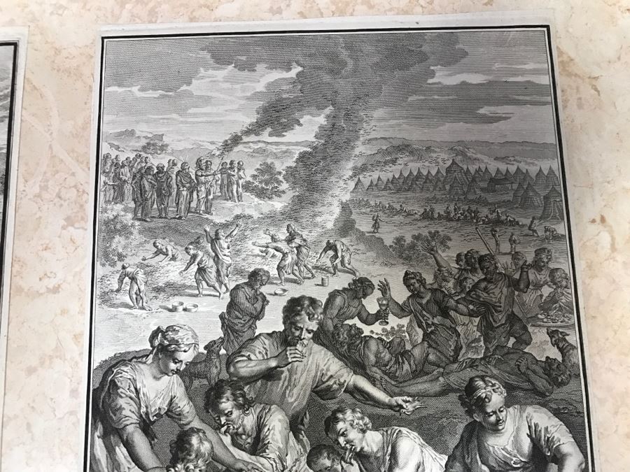 Pair Of Antique Prints Engravings: (1) Engraver B. Bernards, Artist G. Hoet, Title Five Kings Of Midian Slain By Israel; (2) Engraver A. De Blois, Artist G. Hoet, Title A Plague Inflicted On Israel Whilst Eating The Quails [Photo 42]