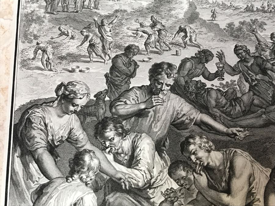 Pair Of Antique Prints Engravings: (1) Engraver B. Bernards, Artist G. Hoet, Title Five Kings Of Midian Slain By Israel; (2) Engraver A. De Blois, Artist G. Hoet, Title A Plague Inflicted On Israel Whilst Eating The Quails [Photo 47]