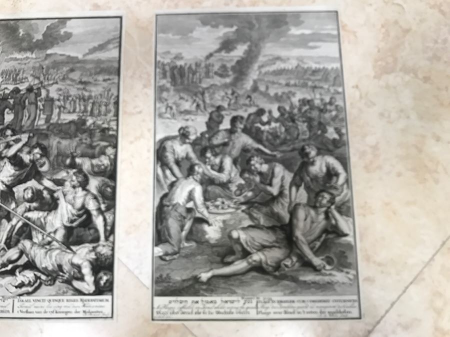 Pair Of Antique Prints Engravings: (1) Engraver B. Bernards, Artist G. Hoet, Title Five Kings Of Midian Slain By Israel; (2) Engraver A. De Blois, Artist G. Hoet, Title A Plague Inflicted On Israel Whilst Eating The Quails [Photo 40]