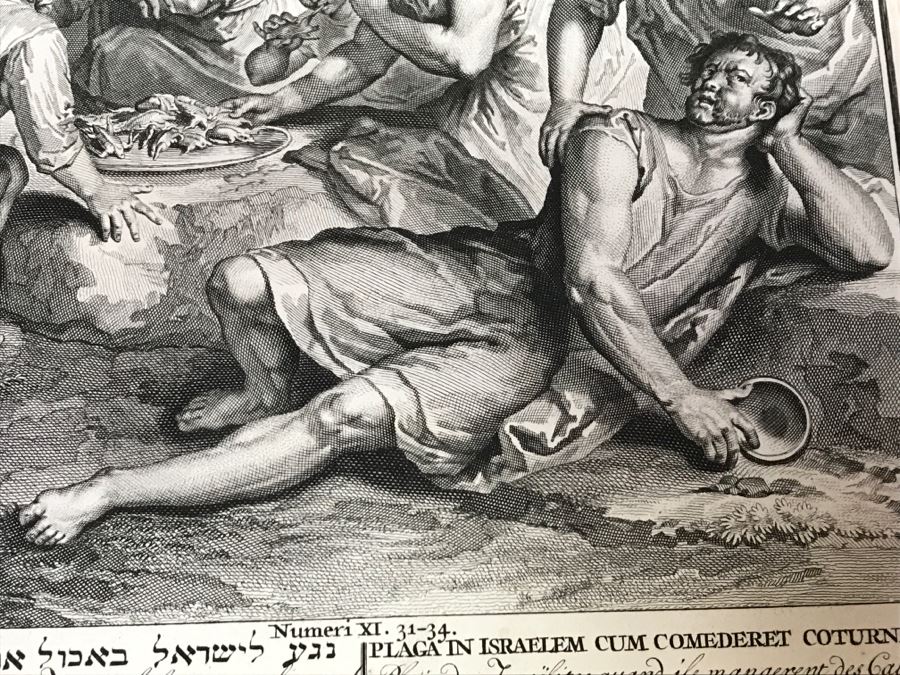Pair Of Antique Prints Engravings: (1) Engraver B. Bernards, Artist G. Hoet, Title Five Kings Of Midian Slain By Israel; (2) Engraver A. De Blois, Artist G. Hoet, Title A Plague Inflicted On Israel Whilst Eating The Quails [Photo 55]