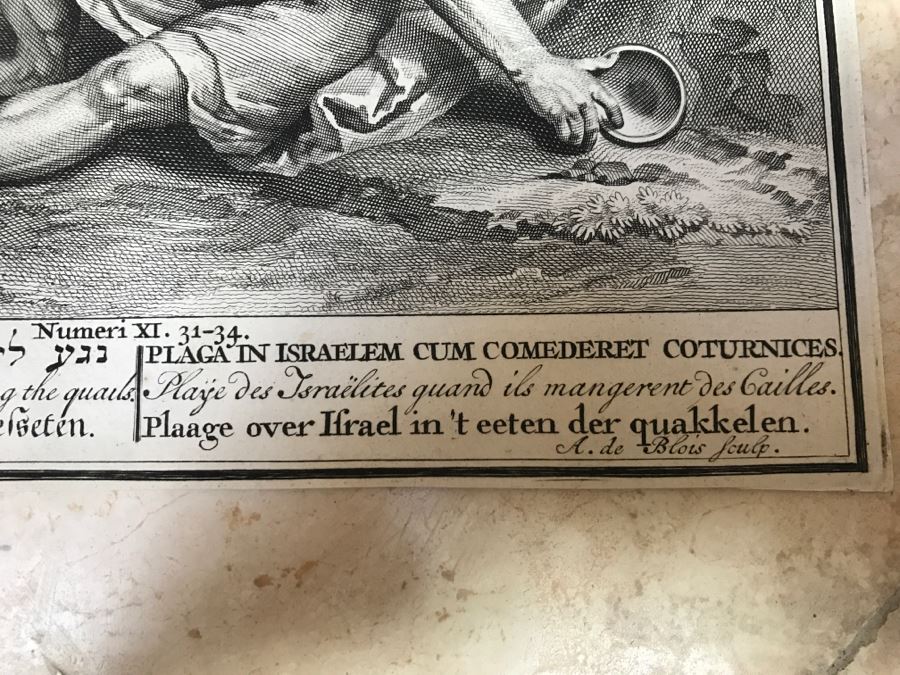 Pair Of Antique Prints Engravings: (1) Engraver B. Bernards, Artist G. Hoet, Title Five Kings Of Midian Slain By Israel; (2) Engraver A. De Blois, Artist G. Hoet, Title A Plague Inflicted On Israel Whilst Eating The Quails [Photo 59]