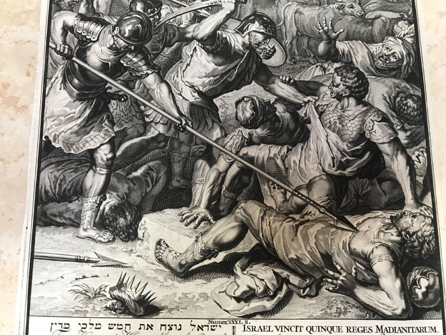 Pair Of Antique Prints Engravings: (1) Engraver B. Bernards, Artist G. Hoet, Title Five Kings Of Midian Slain By Israel; (2) Engraver A. De Blois, Artist G. Hoet, Title A Plague Inflicted On Israel Whilst Eating The Quails [Photo 30]