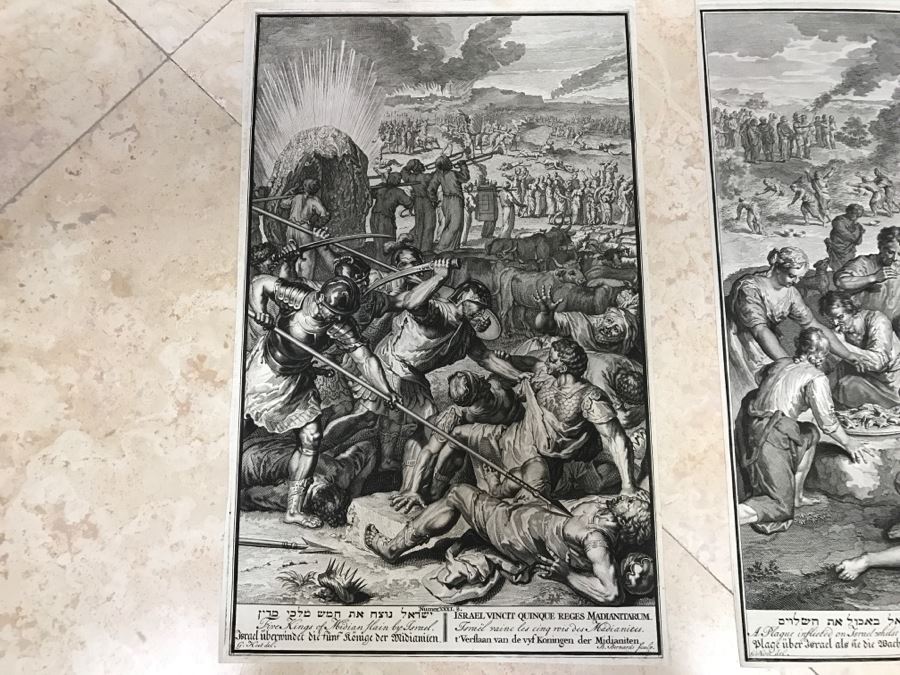 Pair Of Antique Prints Engravings: (1) Engraver B. Bernards, Artist G. Hoet, Title Five Kings Of Midian Slain By Israel; (2) Engraver A. De Blois, Artist G. Hoet, Title A Plague Inflicted On Israel Whilst Eating The Quails [Photo 2]