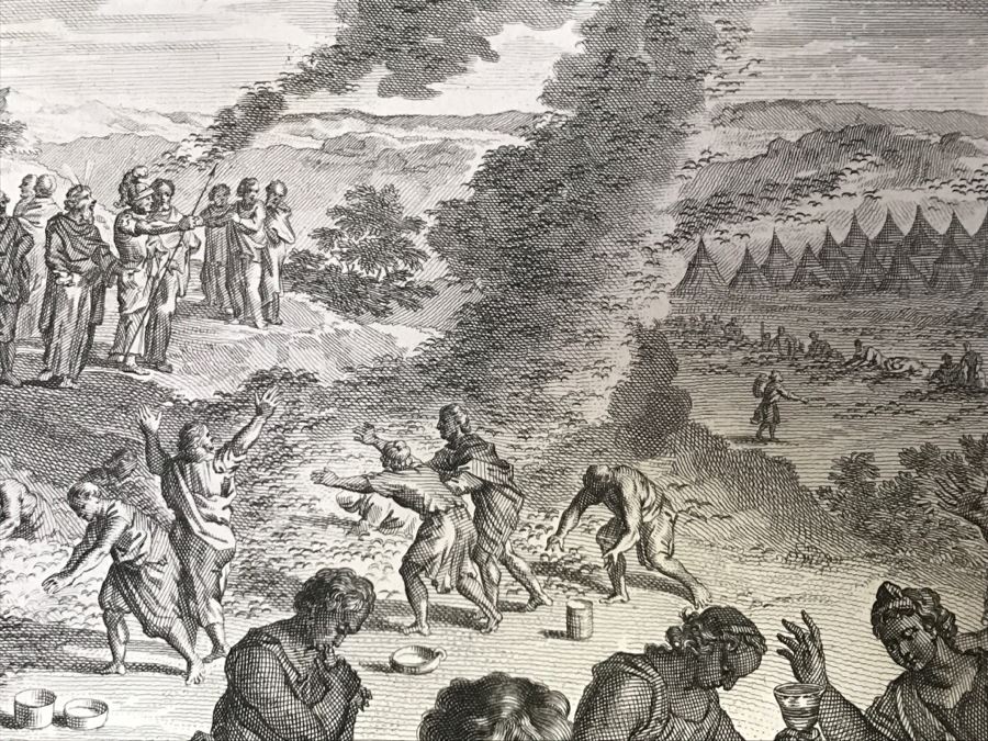 Pair Of Antique Prints Engravings: (1) Engraver B. Bernards, Artist G. Hoet, Title Five Kings Of Midian Slain By Israel; (2) Engraver A. De Blois, Artist G. Hoet, Title A Plague Inflicted On Israel Whilst Eating The Quails [Photo 44]