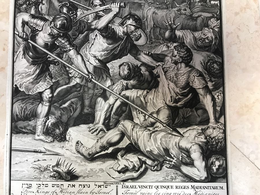 Pair Of Antique Prints Engravings: (1) Engraver B. Bernards, Artist G. Hoet, Title Five Kings Of Midian Slain By Israel; (2) Engraver A. De Blois, Artist G. Hoet, Title A Plague Inflicted On Israel Whilst Eating The Quails [Photo 3]