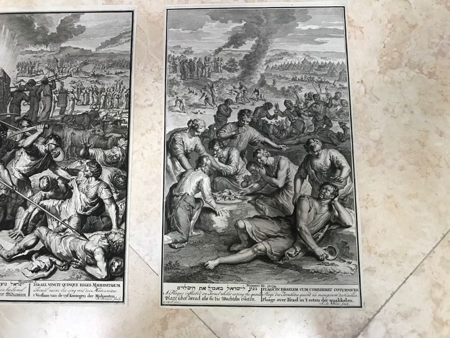 Pair Of Antique Prints Engravings: (1) Engraver B. Bernards, Artist G. Hoet, Title Five Kings Of Midian Slain By Israel; (2) Engraver A. De Blois, Artist G. Hoet, Title A Plague Inflicted On Israel Whilst Eating The Quails [Photo 41]