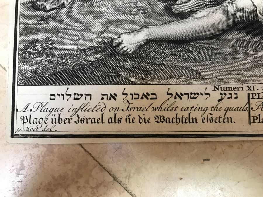 Pair Of Antique Prints Engravings: (1) Engraver B. Bernards, Artist G. Hoet, Title Five Kings Of Midian Slain By Israel; (2) Engraver A. De Blois, Artist G. Hoet, Title A Plague Inflicted On Israel Whilst Eating The Quails [Photo 58]