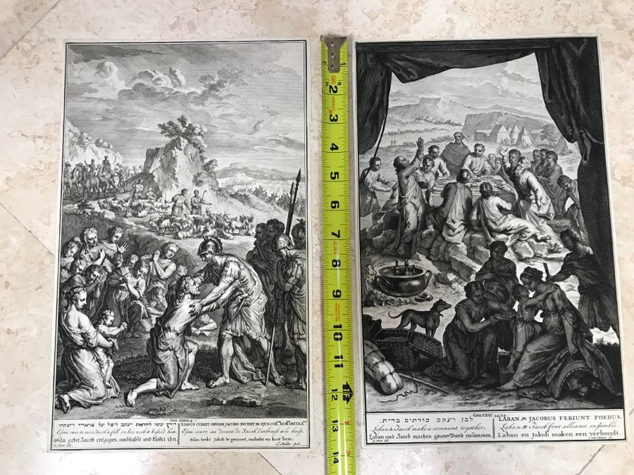 Pair Of Antique Prints Engravings: (1) Engraver Mulder, Artist G. Hoet, Title Efau Ran To Meet Jacob And Fell On His Neck And Killed Him; (2) Engraver J. Van Vianen, Artist G. Hoet, Title Laban And Jacob Make A Covenant Together [Photo 1]