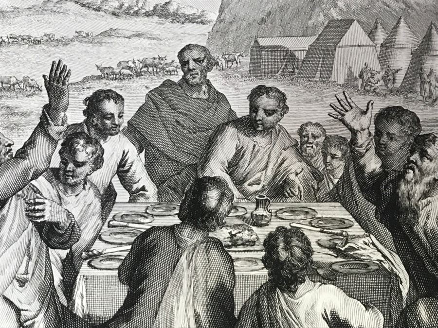 Pair Of Antique Prints Engravings: (1) Engraver Mulder, Artist G. Hoet, Title Efau Ran To Meet Jacob And Fell On His Neck And Killed Him; (2) Engraver J. Van Vianen, Artist G. Hoet, Title Laban And Jacob Make A Covenant Together [Photo 33]