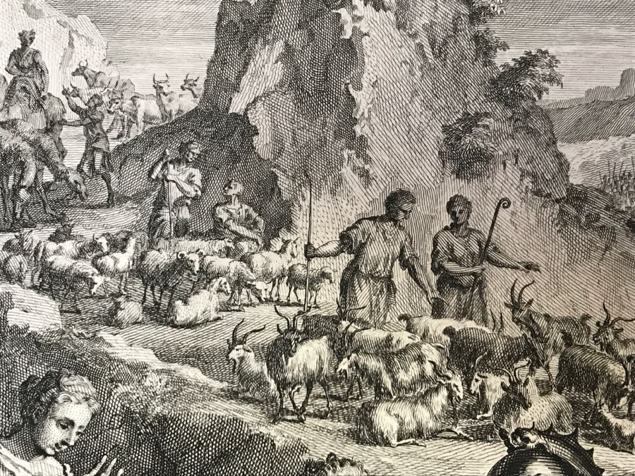 Pair Of Antique Prints Engravings: (1) Engraver Mulder, Artist G. Hoet, Title Efau Ran To Meet Jacob And Fell On His Neck And Killed Him; (2) Engraver J. Van Vianen, Artist G. Hoet, Title Laban And Jacob Make A Covenant Together [Photo 6]