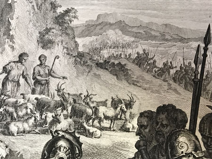 Pair Of Antique Prints Engravings: (1) Engraver Mulder, Artist G. Hoet, Title Efau Ran To Meet Jacob And Fell On His Neck And Killed Him; (2) Engraver J. Van Vianen, Artist G. Hoet, Title Laban And Jacob Make A Covenant Together [Photo 7]