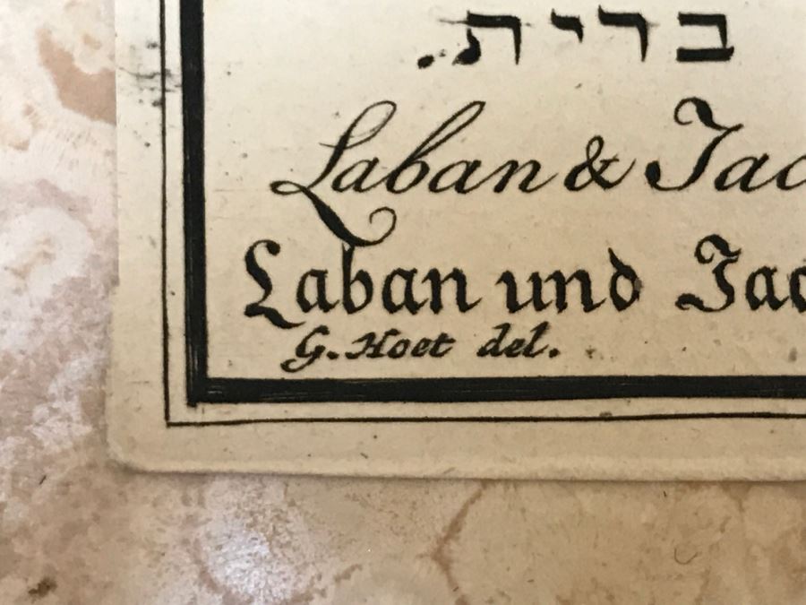 Pair Of Antique Prints Engravings: (1) Engraver Mulder, Artist G. Hoet, Title Efau Ran To Meet Jacob And Fell On His Neck And Killed Him; (2) Engraver J. Van Vianen, Artist G. Hoet, Title Laban And Jacob Make A Covenant Together [Photo 38]