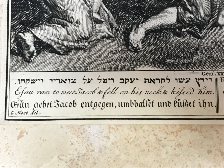 Pair Of Antique Prints Engravings: (1) Engraver Mulder, Artist G. Hoet, Title Efau Ran To Meet Jacob And Fell On His Neck And Killed Him; (2) Engraver J. Van Vianen, Artist G. Hoet, Title Laban And Jacob Make A Covenant Together [Photo 18]