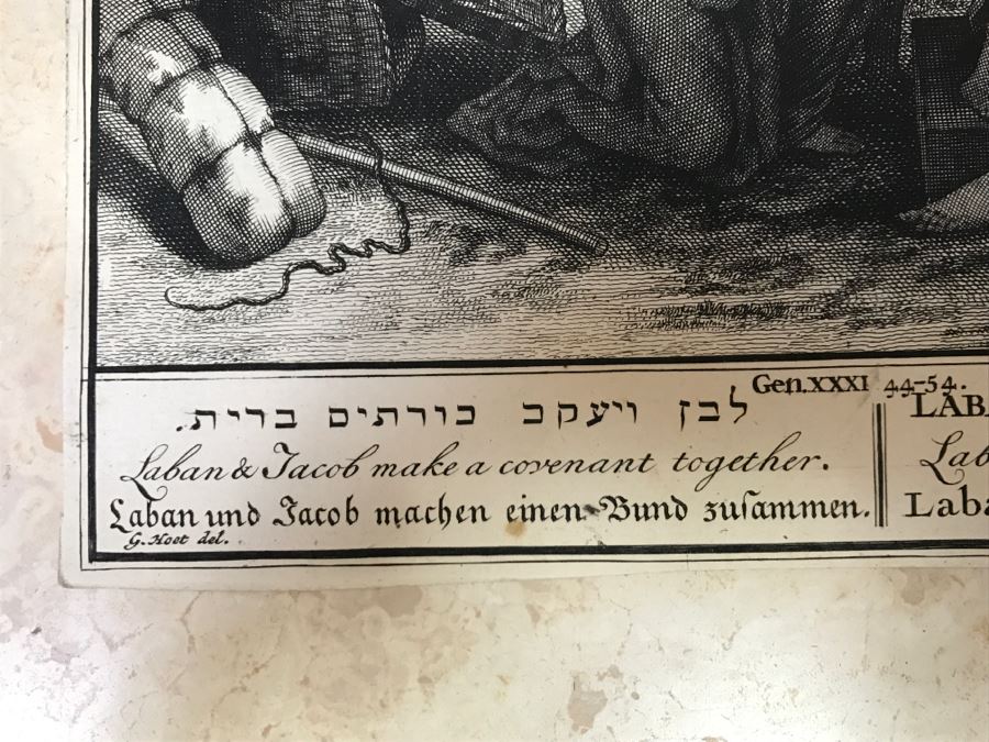 Pair Of Antique Prints Engravings: (1) Engraver Mulder, Artist G. Hoet, Title Efau Ran To Meet Jacob And Fell On His Neck And Killed Him; (2) Engraver J. Van Vianen, Artist G. Hoet, Title Laban And Jacob Make A Covenant Together [Photo 36]