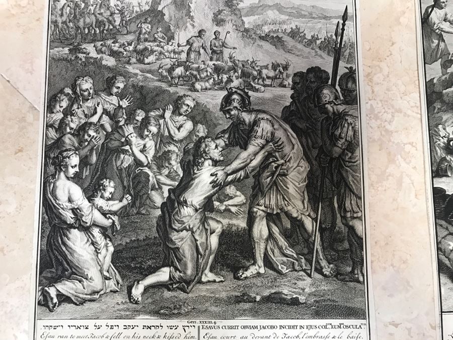 Pair Of Antique Prints Engravings: (1) Engraver Mulder, Artist G. Hoet, Title Efau Ran To Meet Jacob And Fell On His Neck And Killed Him; (2) Engraver J. Van Vianen, Artist G. Hoet, Title Laban And Jacob Make A Covenant Together [Photo 3]